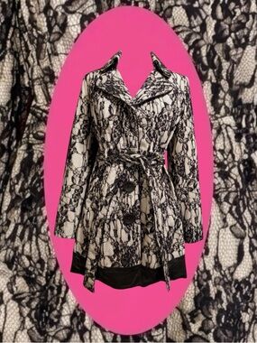 Vintage XOXO Y2K Goth Glam Alt Black Nude Lace Large Button Belted Trench Coat M